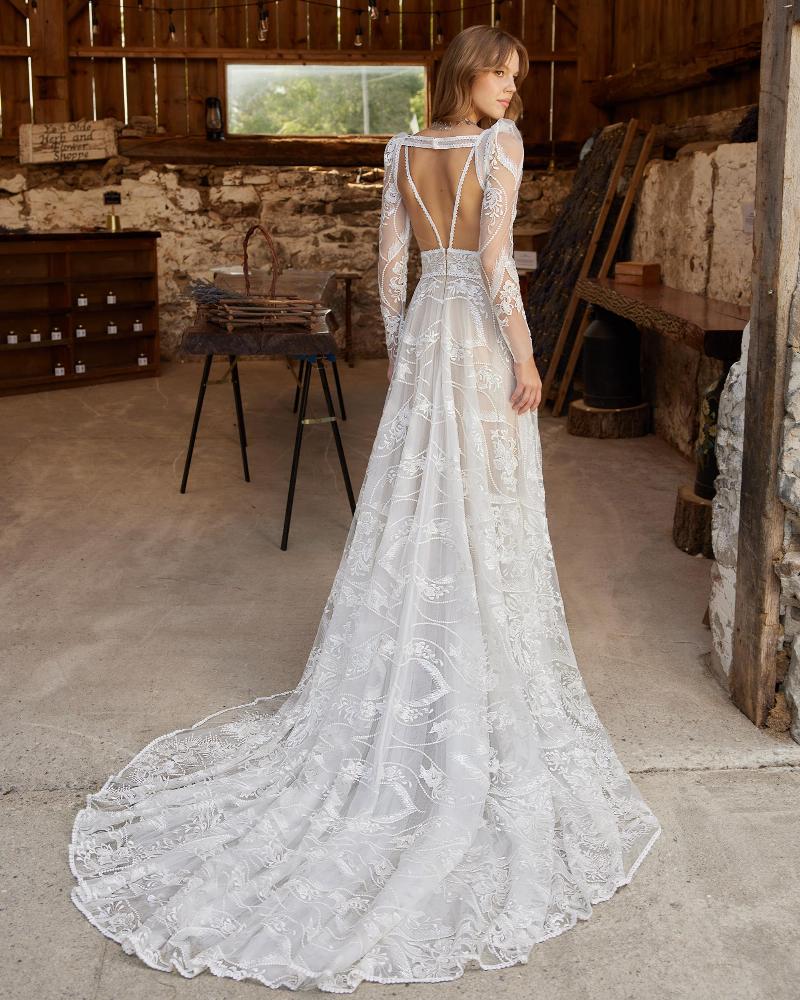 Lp2216 spaghetti strap or long sleeve boho wedding dress with backless a line silhouette2